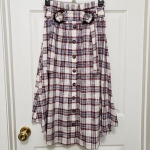 Moon River Belted Plaid Linen Blend Midi Skirt High Paper Bag Waist Women's XS